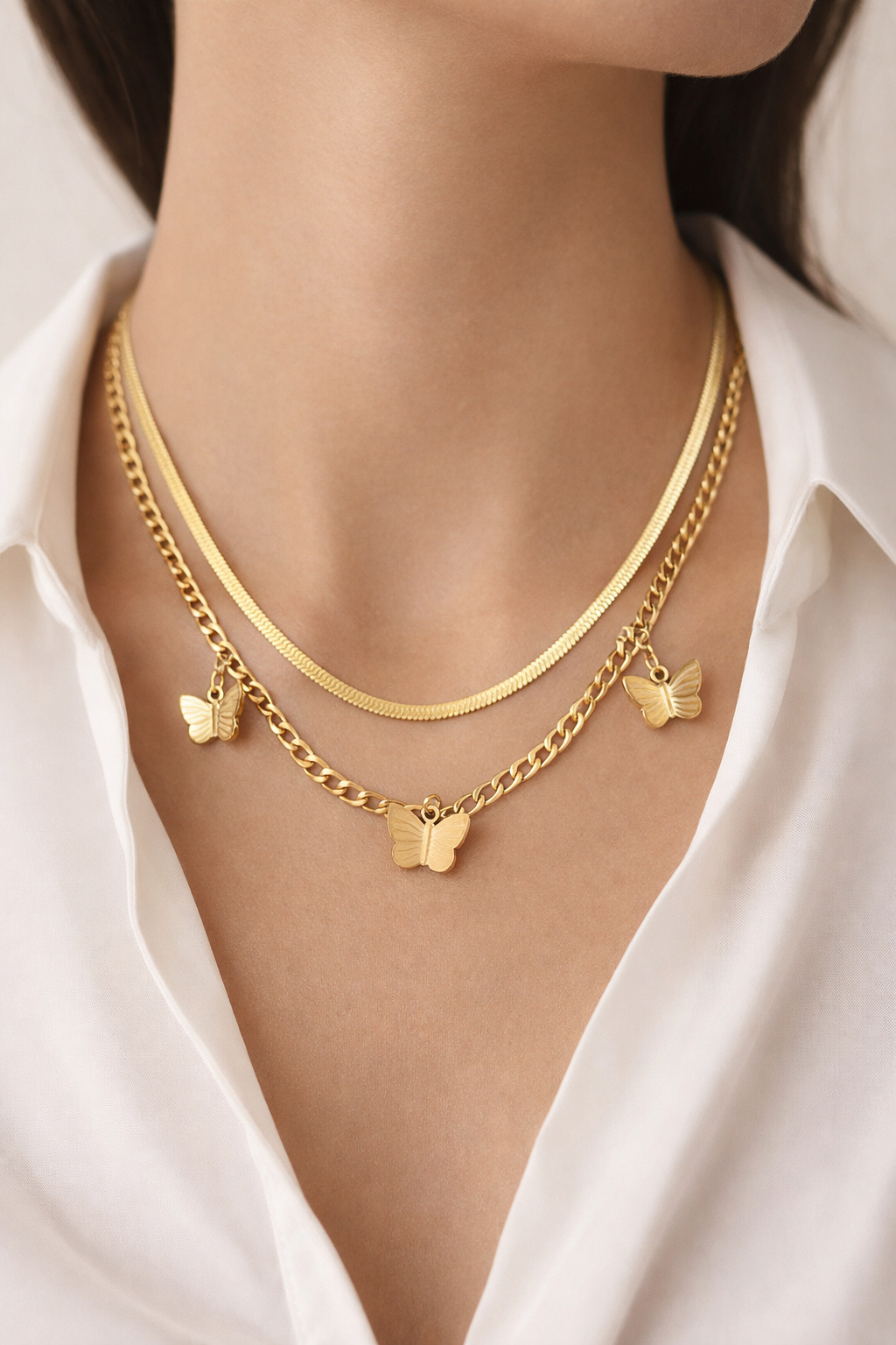Colar de Borboletas, Aço Banhado a Ouro 18K
