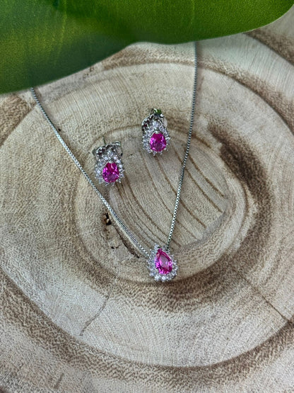 Conjunto brinco e corrente pink